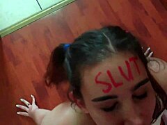 Young slut with red lips gets face fucked, slapped and gagged