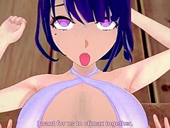 Big tits and sexy purple hair in hentai poolside action