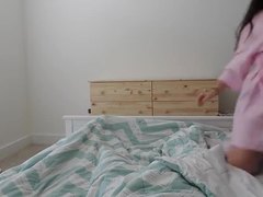 POV view of a mom giving her son a creampie after a wild sex session