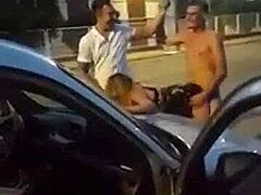 A wild threesome with two horny whores in the street