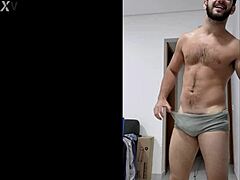 Gay amateur shows off his big bulge and rough sex skills