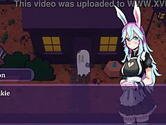 Masturbating with a ghost maid in this hentai game porn video