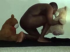 Három medve különböző bőrtónusokkal hódol egy szőrös hármasnak játékokkal